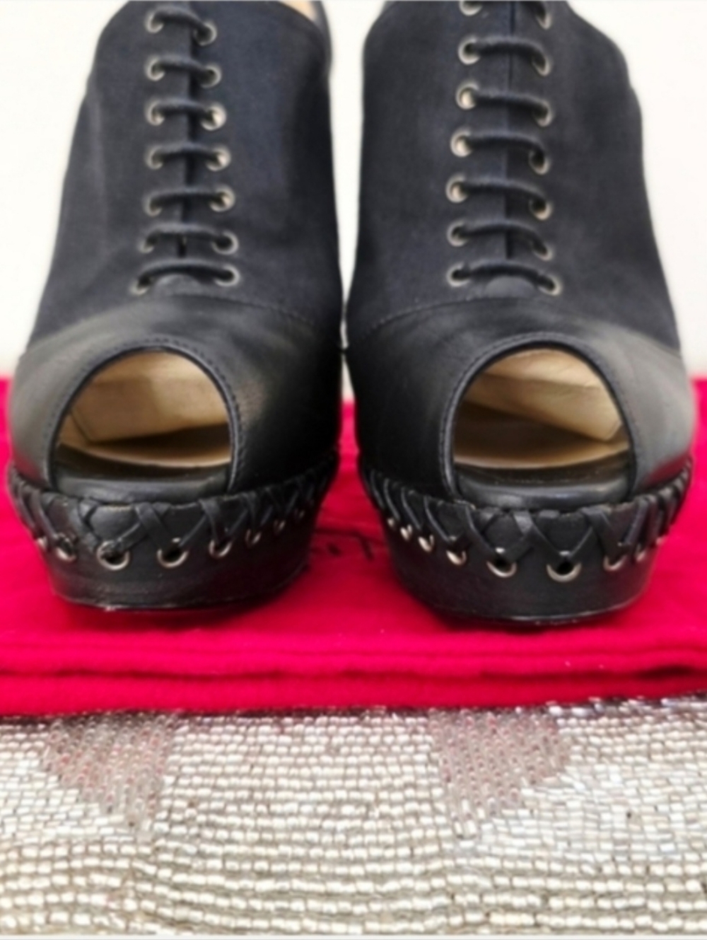 Christian Louboutin Black Leather lace up Peep-toe Ankle Booties EU 38.5 / US 8 - Picture 6 of 10